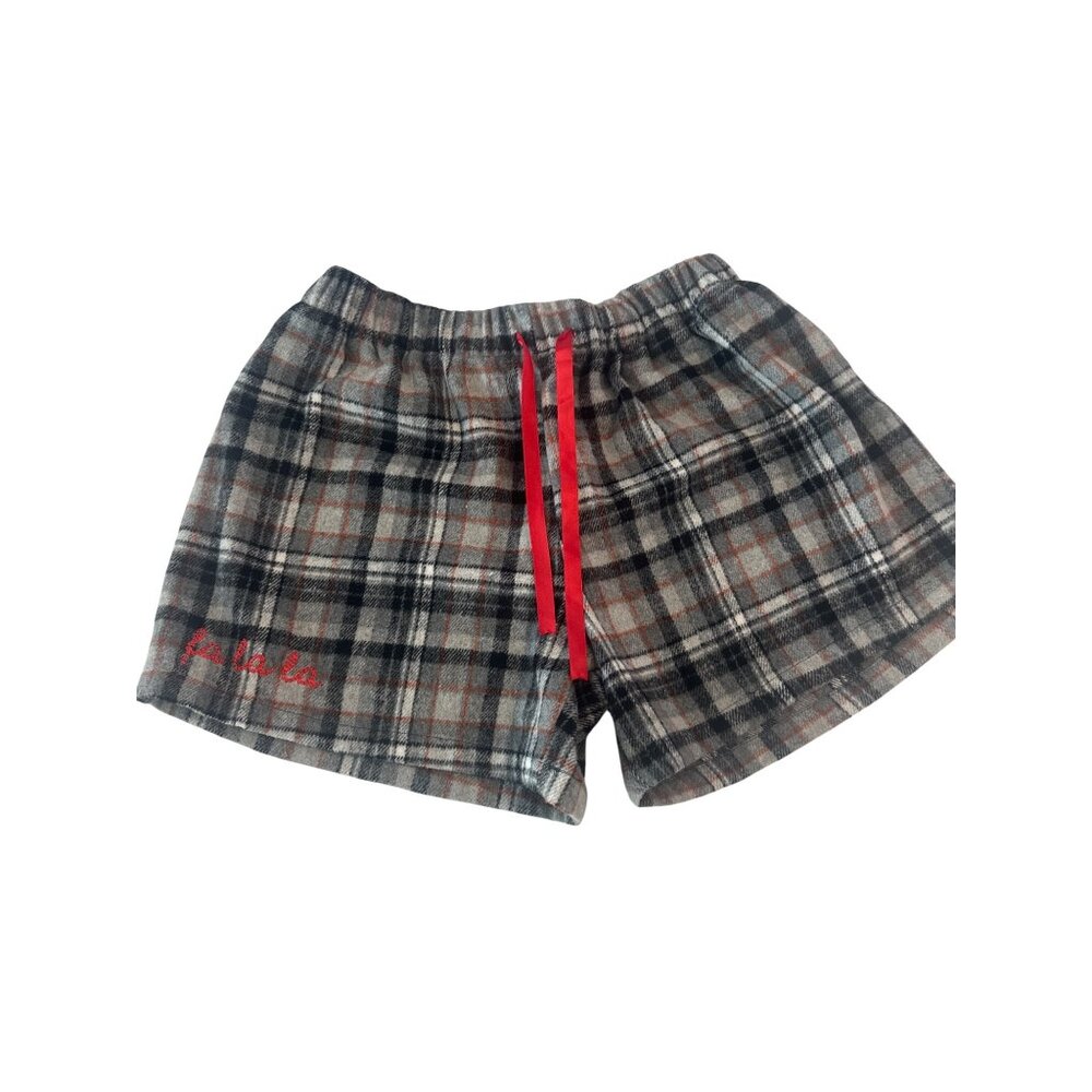 Violet & Brooks Plaid Lounge Shorts Gray/Red Flannel "Fa La La" Embroidery, SZ L